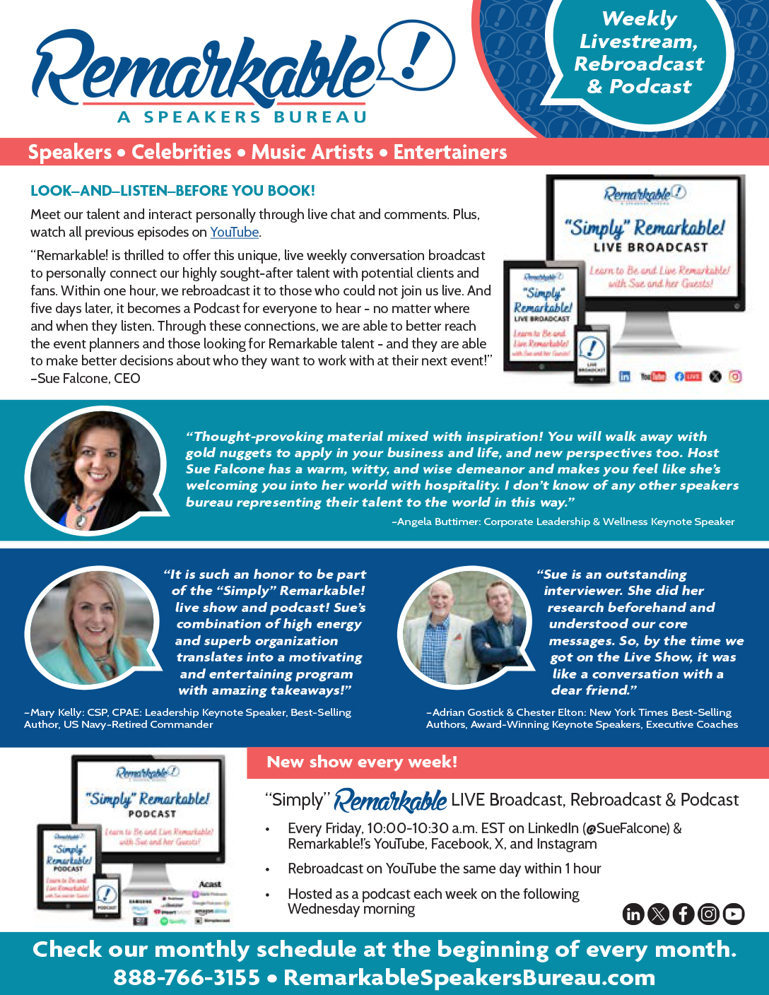 Remarkable A Speakers Bureau Live Stream and Podcast One Sheet August 2025